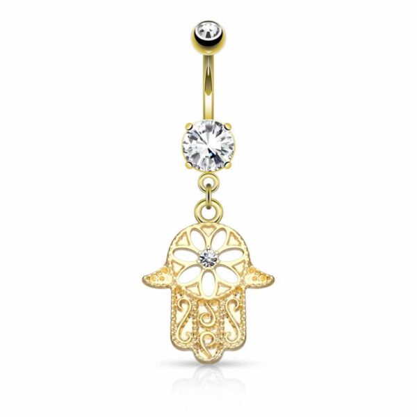 Prong Set CZ Crystal Belly Bar / Navel Ring With Dangle Beaded HAMSA Sign