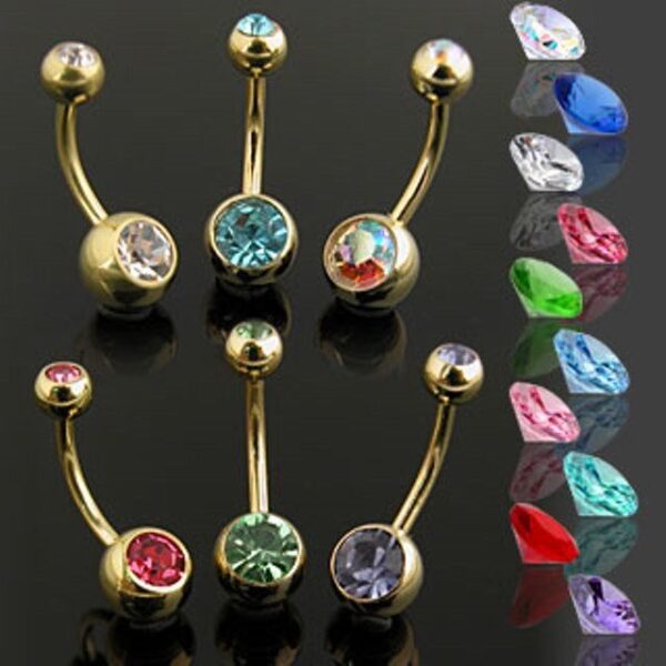 Gold Plated Surgical Steel Double Jewelled CZ Belly Bar / Navel Ring