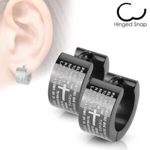 Mens Surgical Steel Black Huggie Hoop Earrings With Lord’s Prayer Padre Nuestro