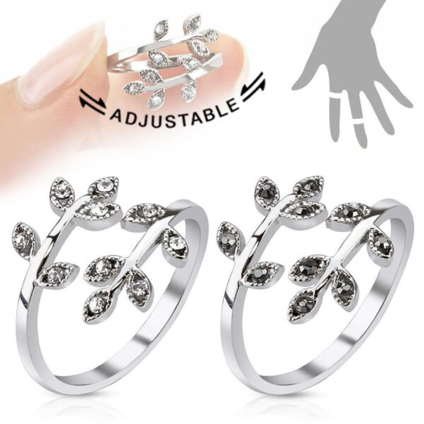 Leaves With Paved Gems Adjustable Rhodium Plated Brass Toe Ring / Mid Rings