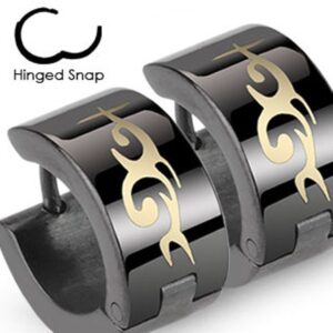 Mens Surgical Steel Black IP Tribal Design Huggie Hoop Hinged Earrings