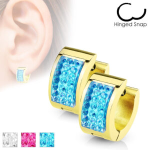 Square Crystal Paved Gold IP Over 316L Surgical Steel Hoop / Huggie Earrings