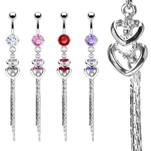 Jewelled Heart Dangle CZ Chain Belly Bar / Navel Ring