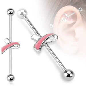Pink Breast Cancer Awareness Ribbon Industrial Barbell Piercing 1.6mm x 38mm