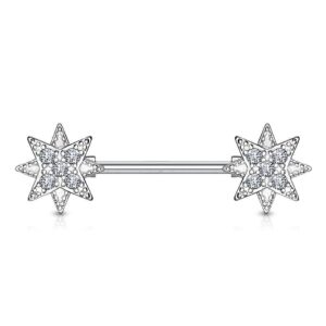 CZ Paved Starburst Ends Nipple Bar With 316L Surgical Steel Barbell