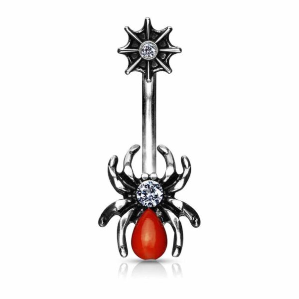 Red Spider and Web with CZ 316L Surgical Steel Belly Bar / Navel Ring