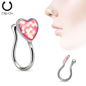 Opal Glitter Heart Clip-On Nose Ring