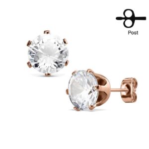 Pair of Rose Gold Plated CZ 316L Surgical Steel Stud Earrings – Various Sizes