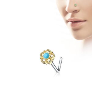 Flower Filigree Turquoise Centre 316L Surgical Steel “L” Bend Nose Stud / Ring