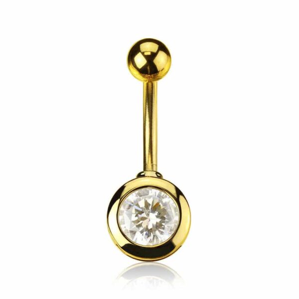 Round CZ Gold Plated Surgical Steel Belly Bar / Navel Ring