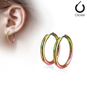 Pair 316L Surgical Steel Hinge Action Seamless Hoop Earrings / Rainbow Anodised