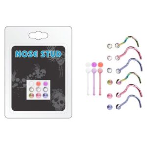 9 Pcs Jewelled / Ball / Spike End Nose Stud Multi Pack