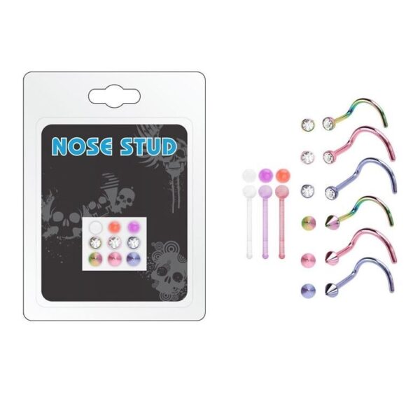 9 Pcs Jewelled / Ball / Spike End Nose Stud Multi Pack