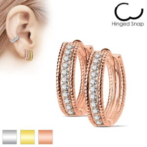 Beaded Edge CZ Lined Centre Hoop Earrings