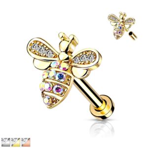 Micro CZ Crystal Paved Bee Internally Threaded Labret Cartilage Stud