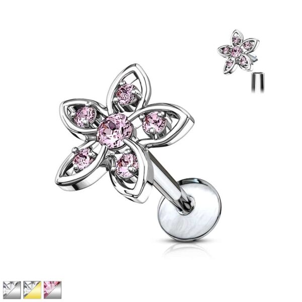 Internally Threaded CZ Flower Labret Monroe Cartilage Stud