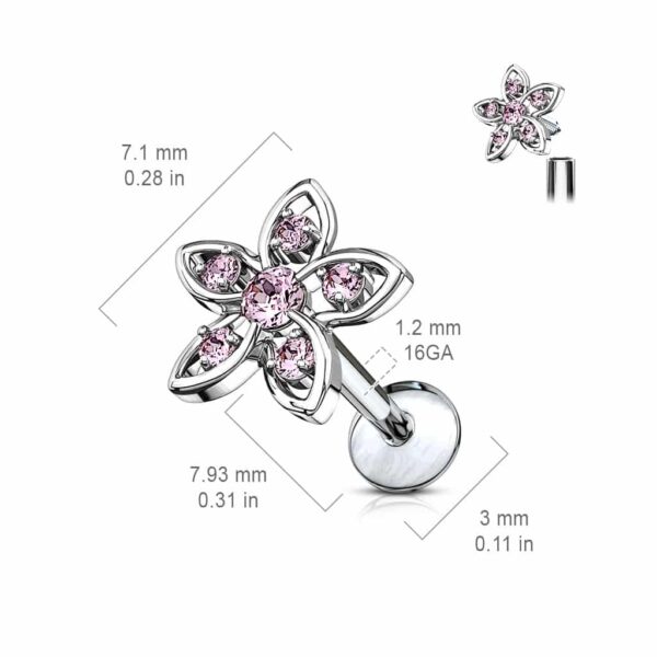 Internally Threaded CZ Flower Labret Monroe Cartilage Stud - Image 4