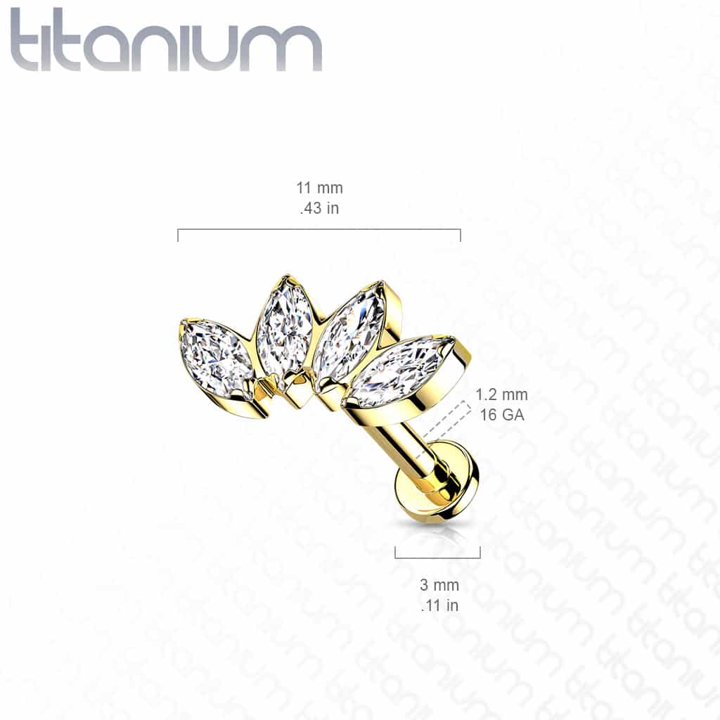 Internally Threaded Titanium Labret Cartilage Stud With Marquise CZ Fan - Image 2