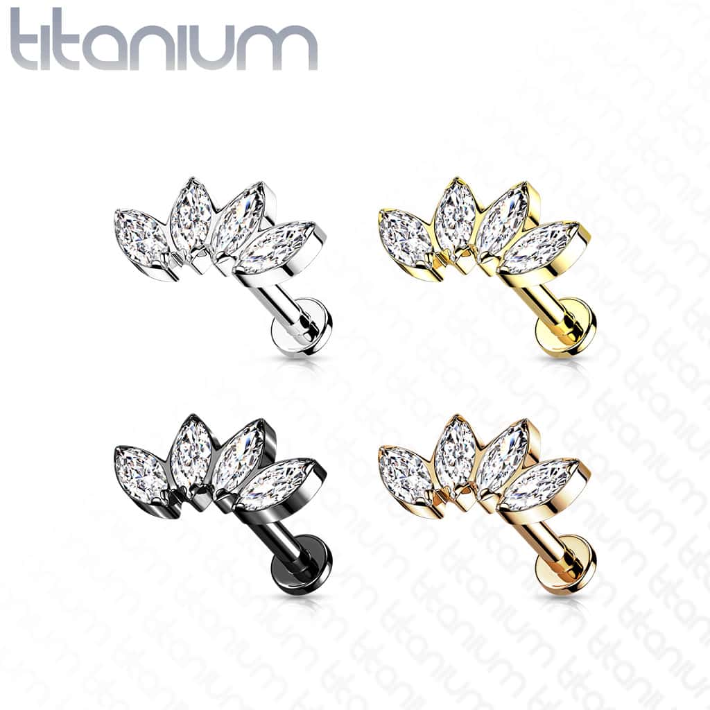 Internally Threaded Titanium Labret Cartilage Stud With Marquise CZ Fan - Image 3