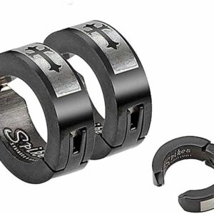 Mens Surgical Steel Black IP Huggie Hoop Fake Clip On Earrings With Laser Etched Cross