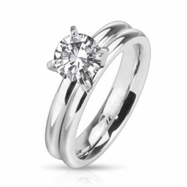 Prong CZ Solitaire Grooved Dome Band Ring Stainless Steel