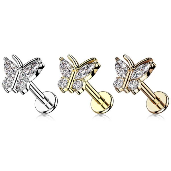 CZ Butterfly Top Internally Threaded Labret Cartilage Stud - Image 3