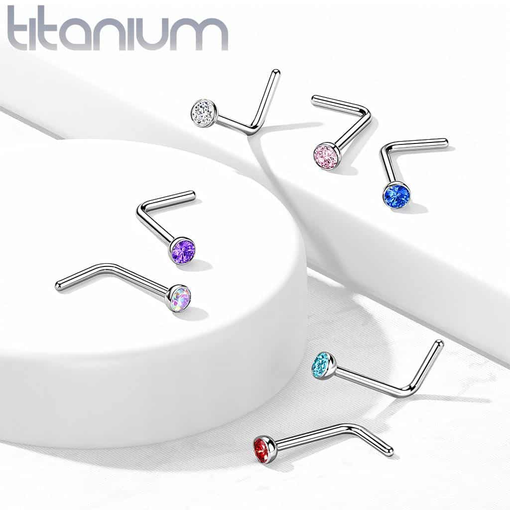 Grade 23 Titanium Press Fit Jewelled Micro Ball Top L Bend Nose Stud