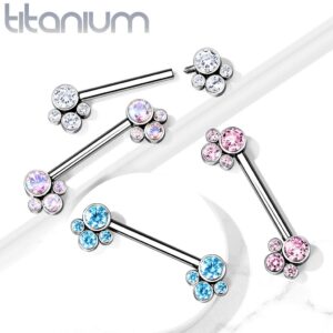 Internally Threaded Titanium Nipple Bar With Pet Paw CZ Cluster Ends