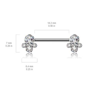 Internally Threaded Titanium Nipple Bar With Pet Paw CZ Cluster Ends