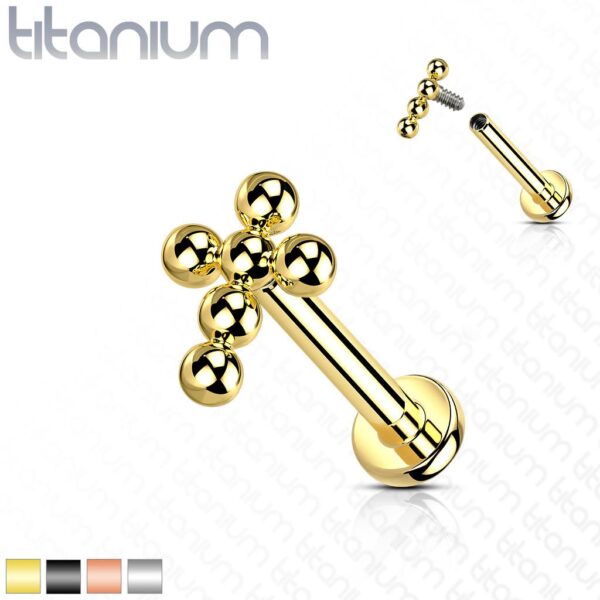 Internally Threaded Titanium Labret Cartilage Stud With Cluster Ball Cross - Image 3