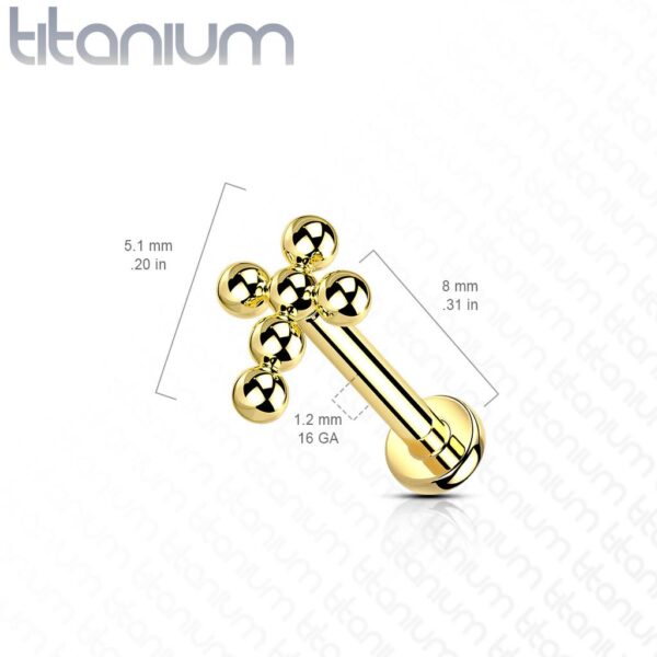 Internally Threaded Titanium Labret Cartilage Stud With Cluster Ball Cross - Image 2