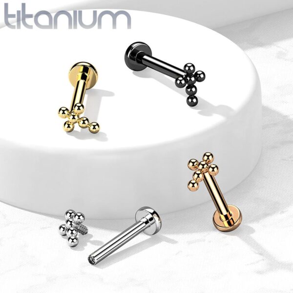 Internally Threaded Titanium Labret Cartilage Stud With Cluster Ball Cross