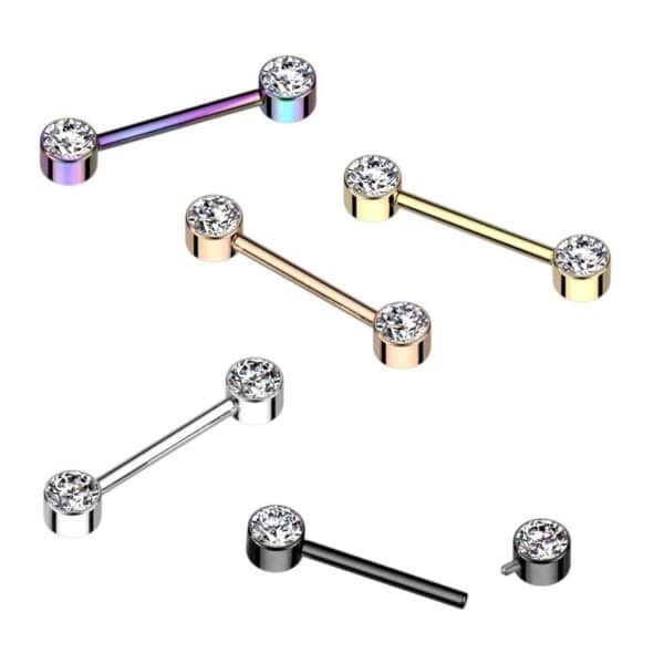 Internally Threaded PVD Titanium Bezel Set CZ Nipple Bar