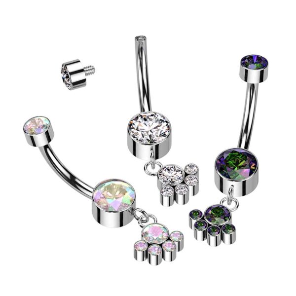 Internally Threaded Titanium CZ Belly Bar With Dangle 5 CZ Bezel Set Cluster
