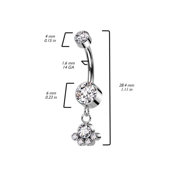 Internally Threaded Titanium CZ Belly Bar With Dangle 5 CZ Bezel Set Cluster - Image 2