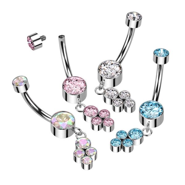 Internally Threaded Titanium CZ Belly Bar With Dangle 4 CZ Bezel Set Cluster