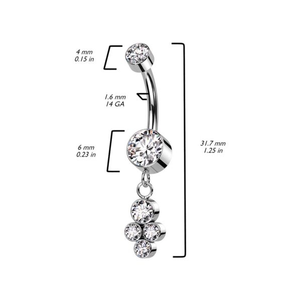 Internally Threaded Titanium CZ Belly Bar With Dangle 4 CZ Bezel Set Cluster - Image 2