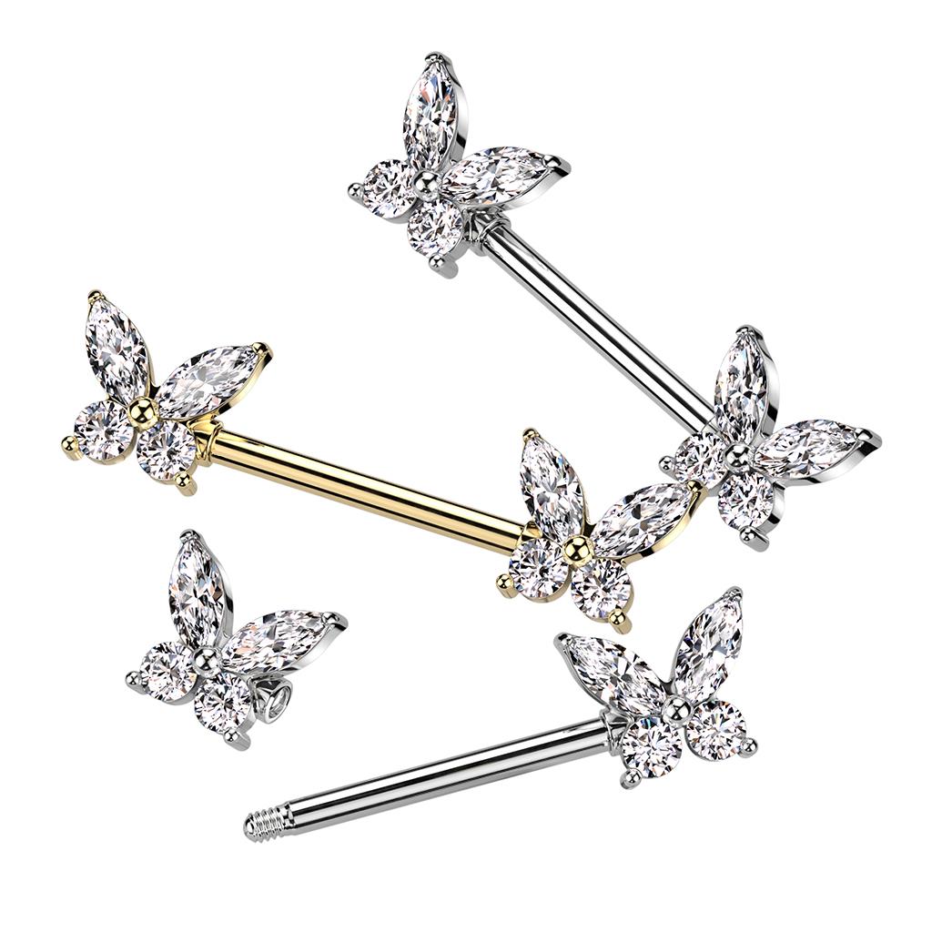 Surgical Steel Nipple Barbell With CZ Butterfly Ends