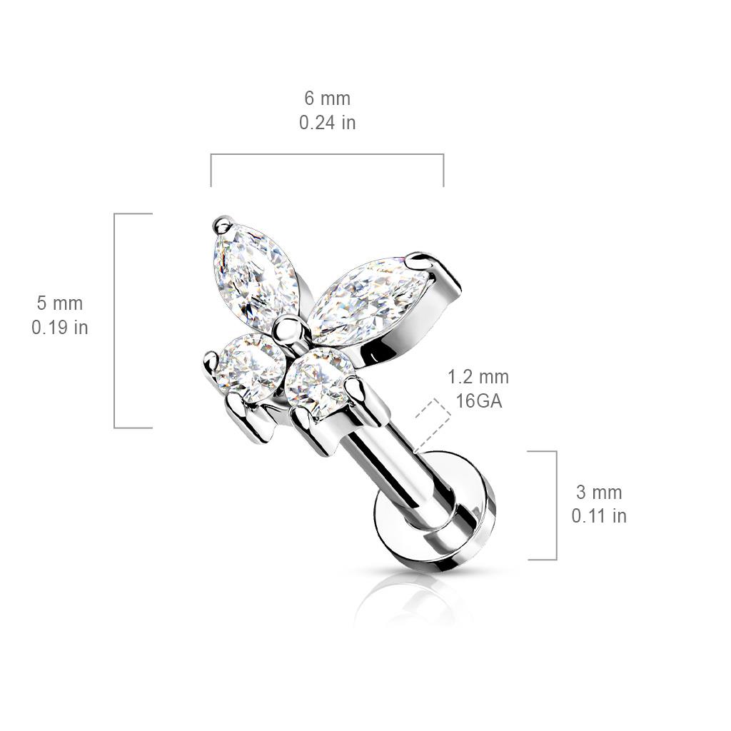 CZ Butterfly Internally Threaded Labret Cartilage Stud - Image 3
