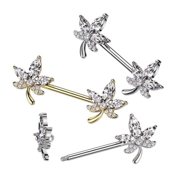 Surgical Steel Nipple Bar With CZ Leaf Ends The Body Jewellery Store