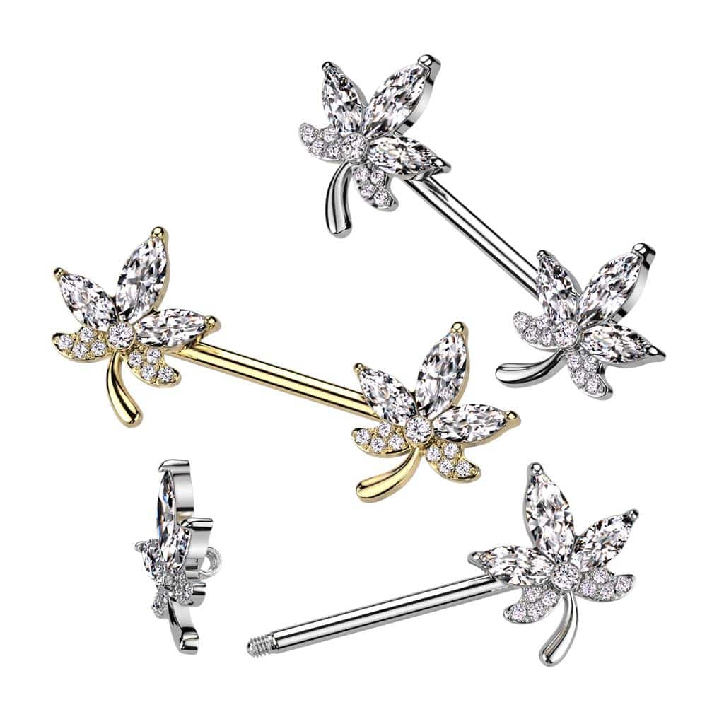 Surgical Steel Nipple Bar With CZ Leaf Ends