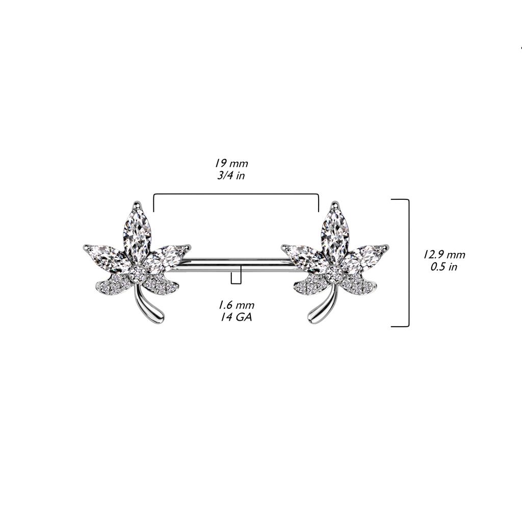 Surgical Steel Nipple Bar With CZ Leaf Ends