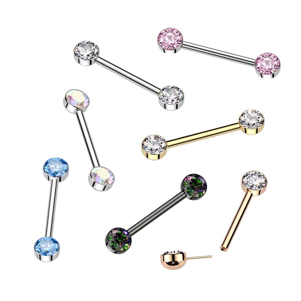 Titanium Threadless Push In Nipple Bar With Bezel Set CZ Ends