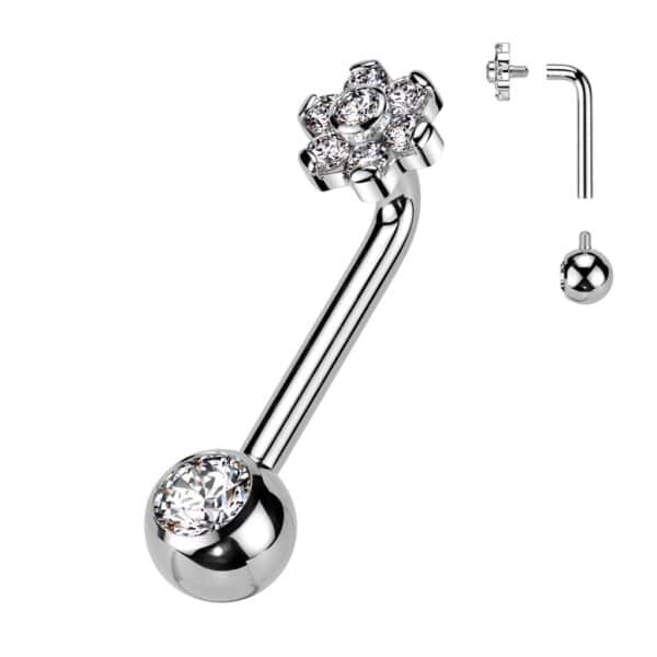 Titanium Internally Threaded L Bent Christina Piercing With CZ Flower Top and Pressed Fit Gem End